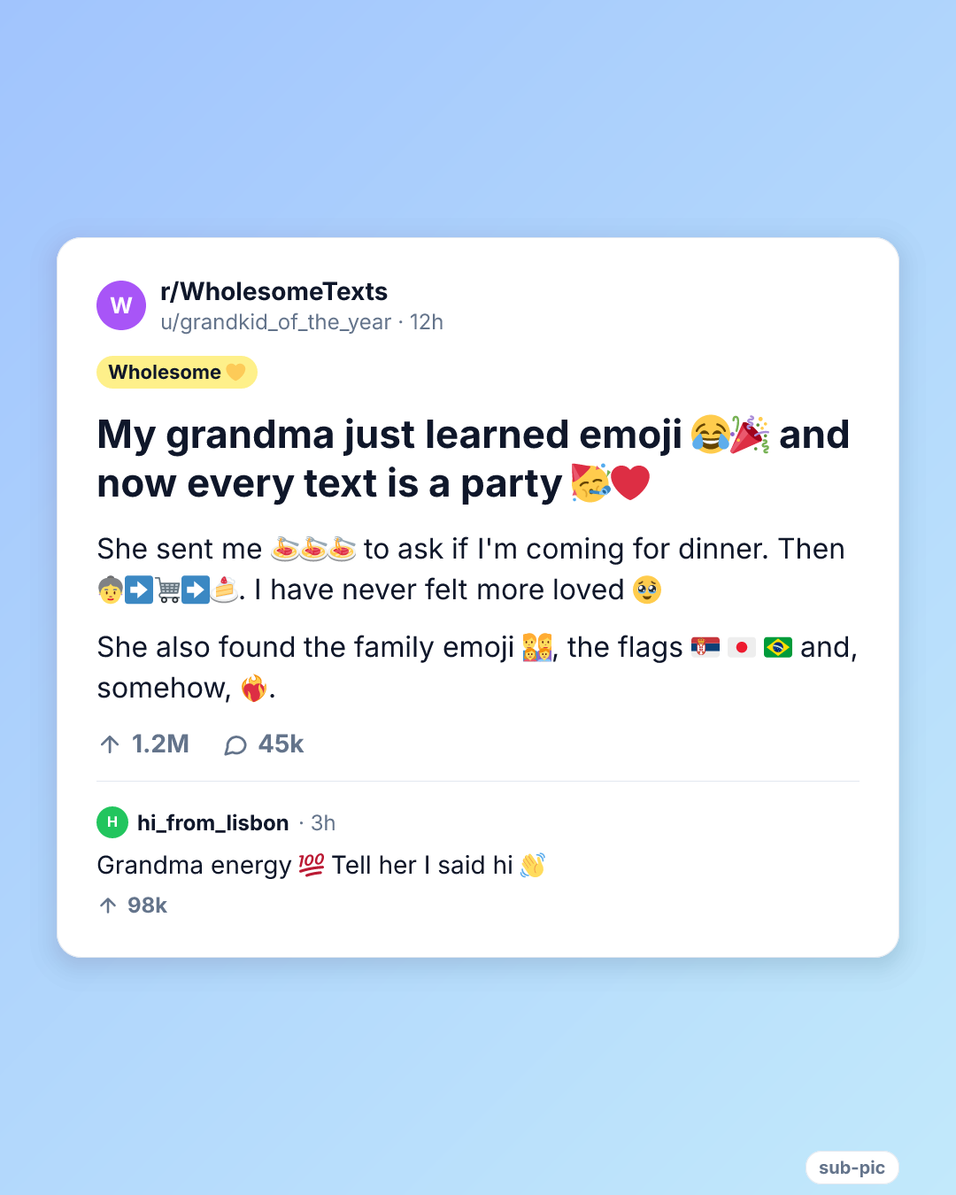 A light card full of emoji on a blue gradient, with the top comment