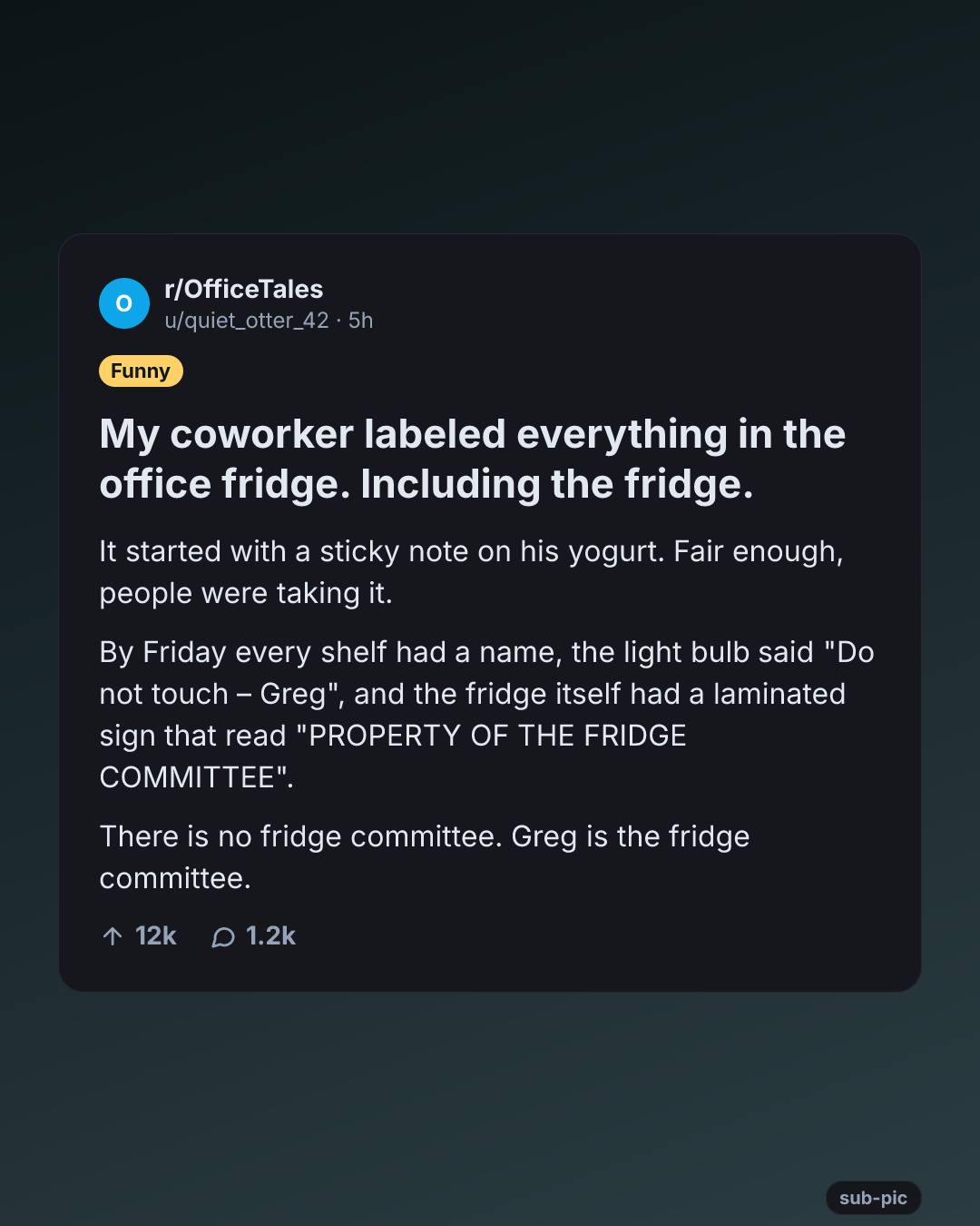 A dark card with a story about a coworker who labeled the office fridge