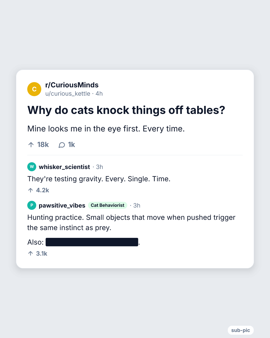 A light card asking why cats knock things off tables, with two comments